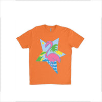 Jem and The Holograms Starlight Girls Krissie Cosplay /Costume: 1980s Flamingo & Palm Trees Orange Unisex T-Shirt - Multiple Sizes Available